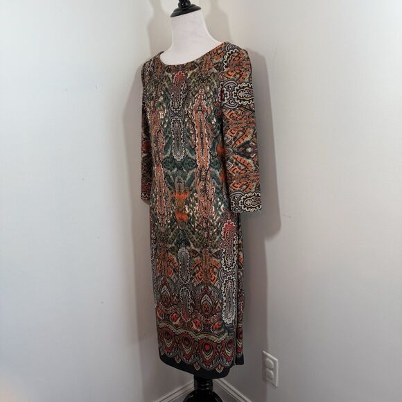 Beige ECI Sheath Dress 4 Paisley Scuba Knit Midi Pencil Fall Career Office - Picture 2 of 11